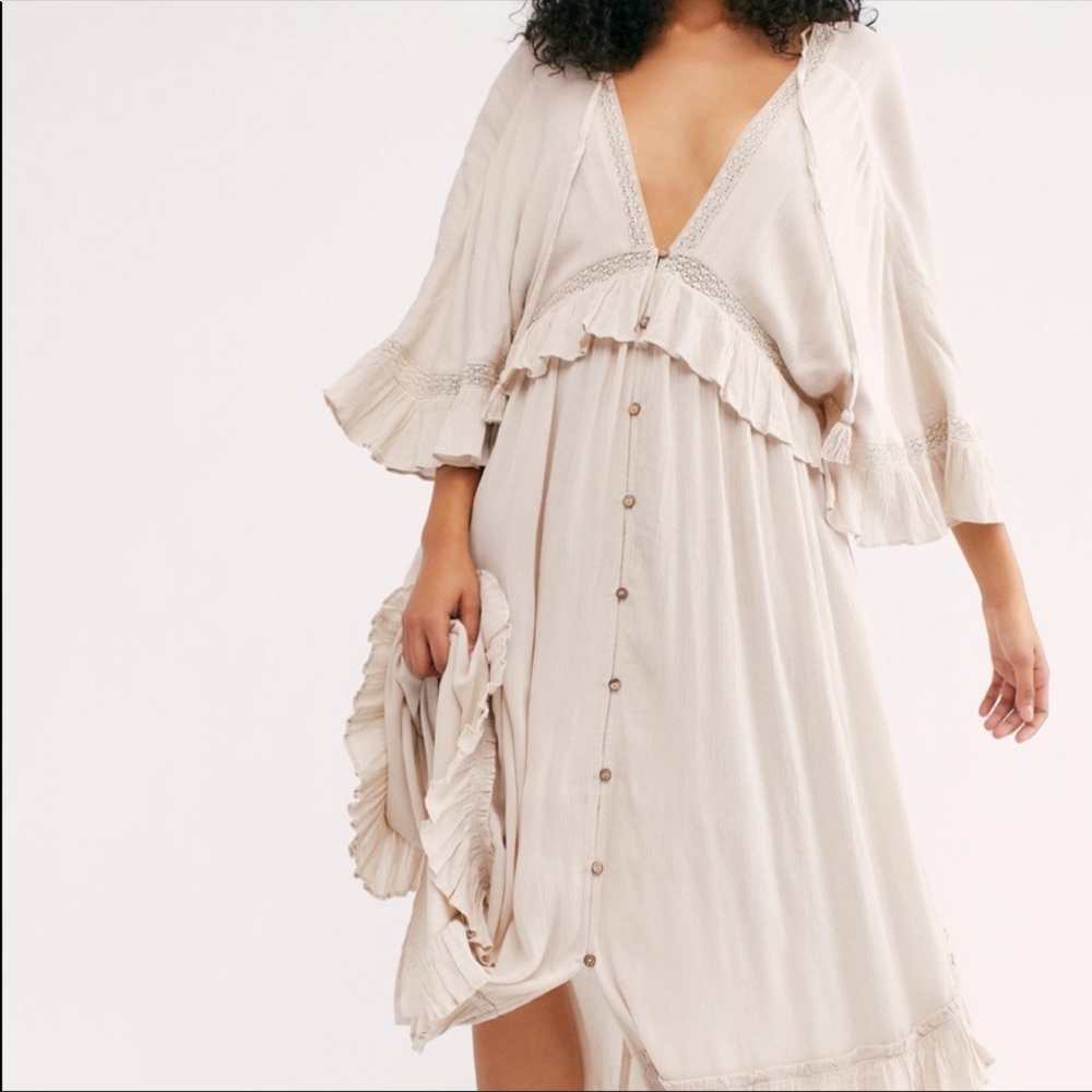 Free People Paradiso V-Neck Button Down Ruffled High Low Maxi Dress Large